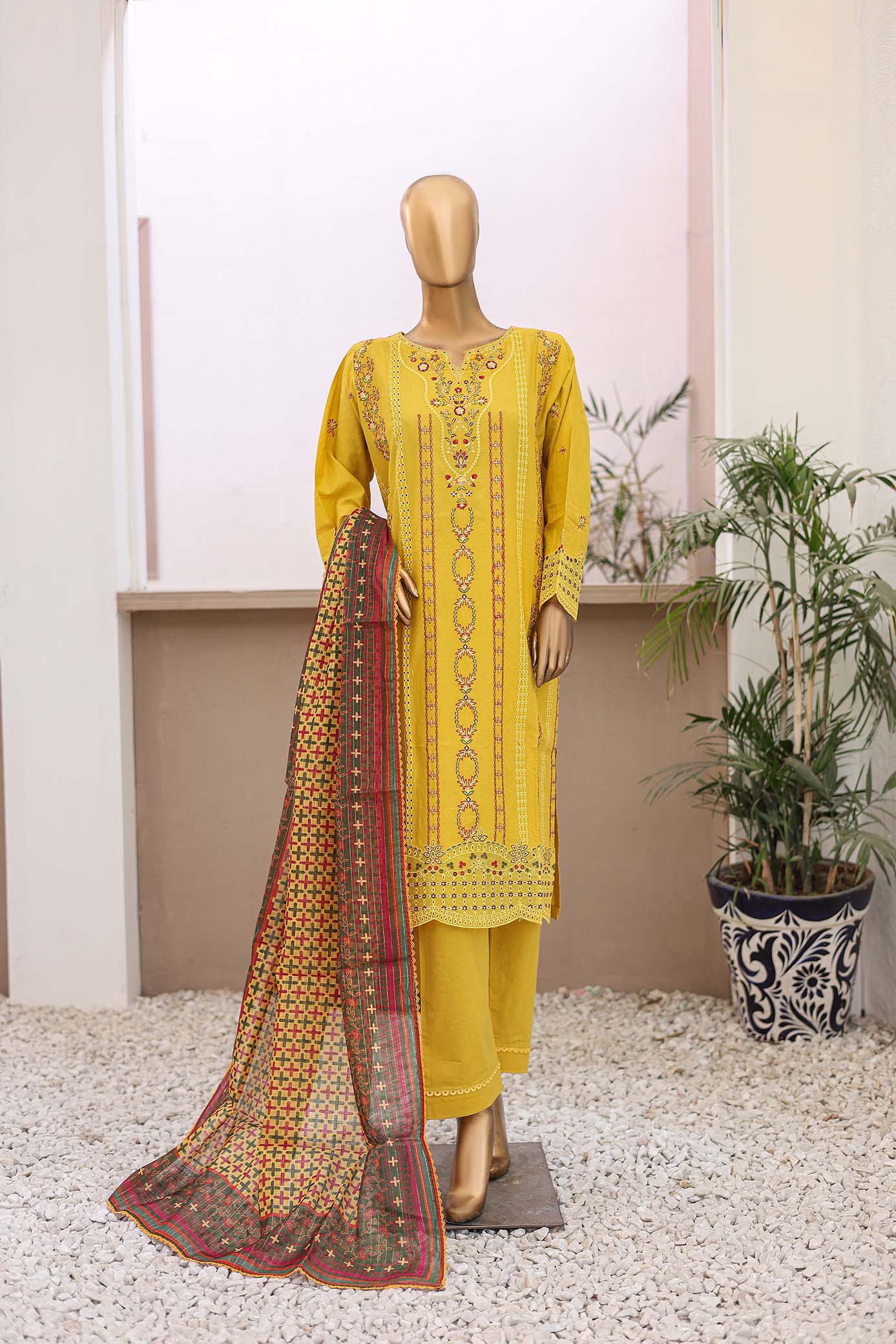 Oswah By Suntex Stitched 3 Piece Dyed Emb Soft Cotton Suit-OS-2501