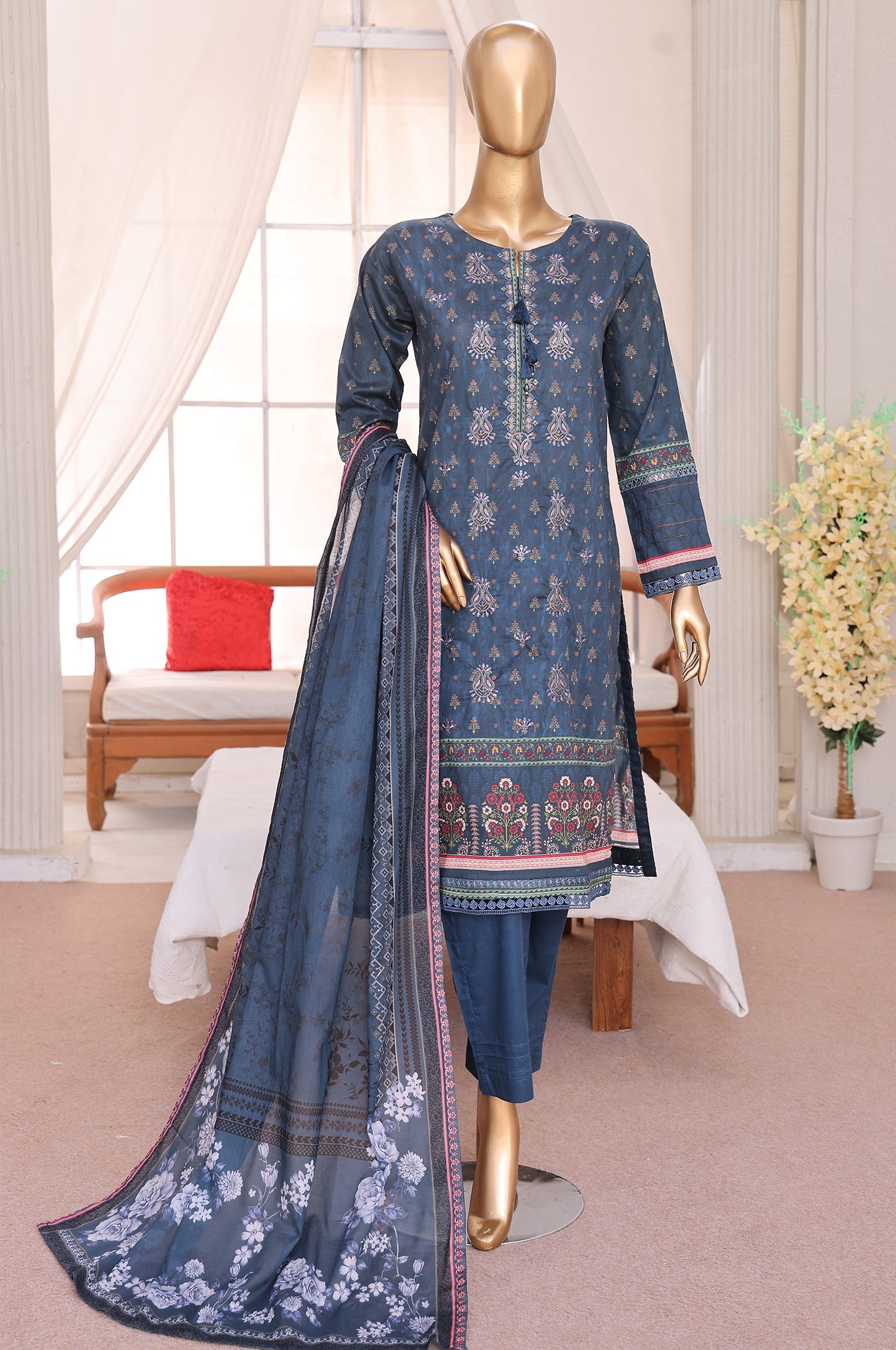 Sumi Stitched 3 Piece Emb Printed Lawn Suit-EM-01-Blue
