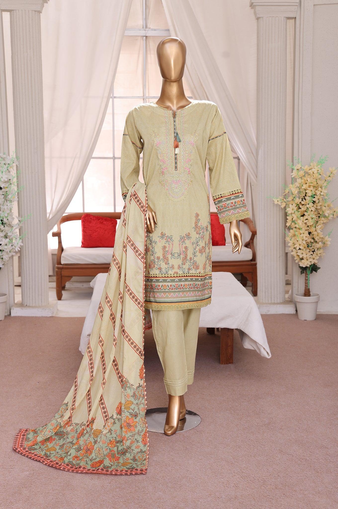 Sumi Stitched 3 Piece Emb Printed Lawn Suit-EM-03-Lemon