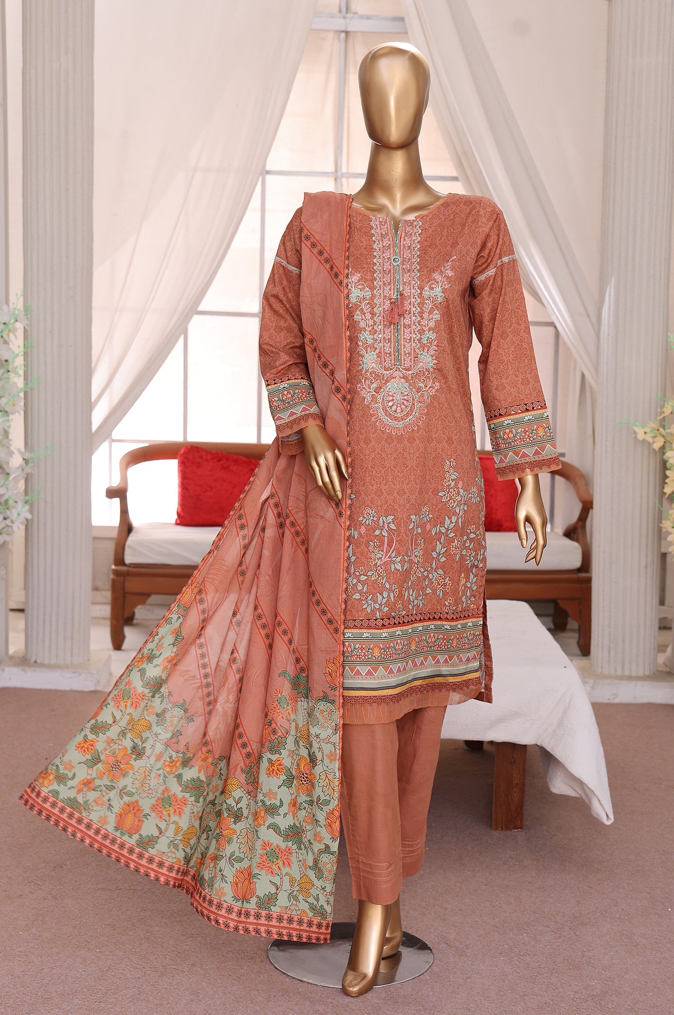 Sumi Stitched 3 Piece Emb Printed Lawn Collection'2025-EM-04-Rust