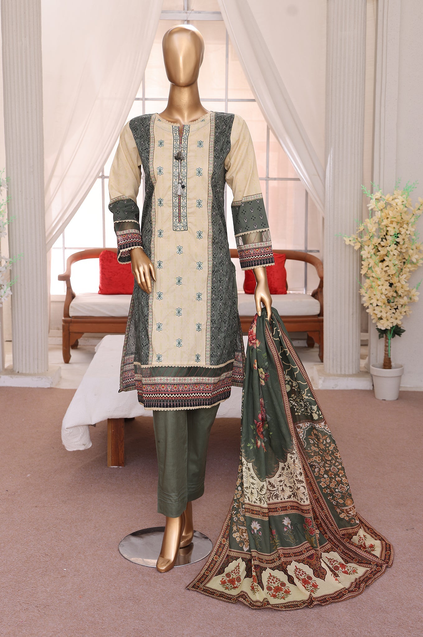 Sumi Stitched 3 Piece Emb Printed Lawn Suit-EM-05-Green