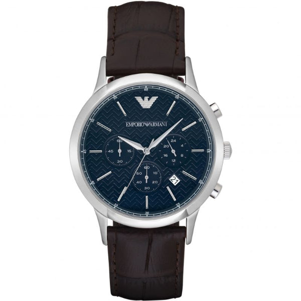 EMPORIO ARMANI Renato Black Leather Strap Dark Blue Dial Chronograph Quartz Watch for Gents - EMPORIO ARMANI AR2494