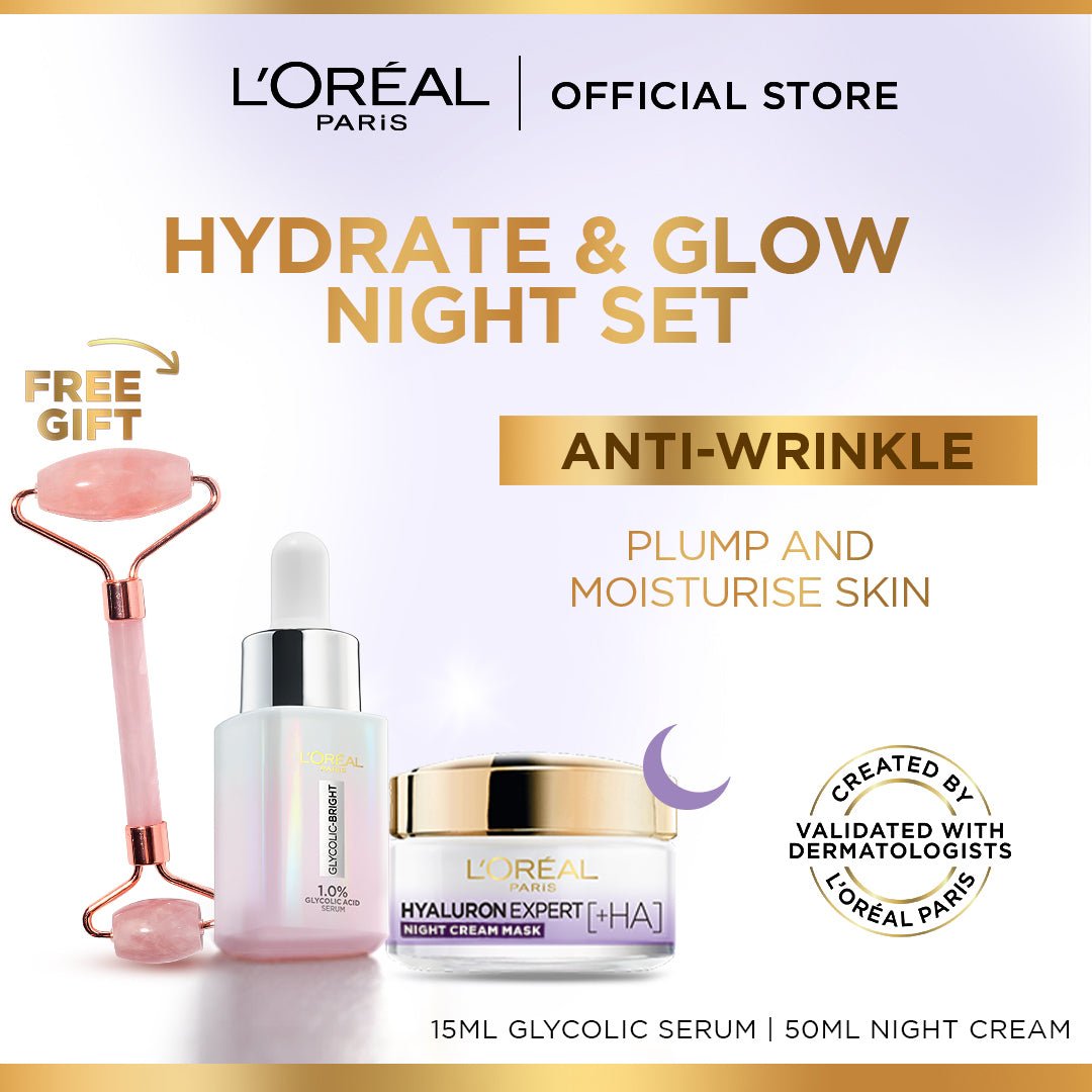 Loreal Set Instant Glowing Serum 15Ml+Hyaluronic Night Cream 50Ml+Roller