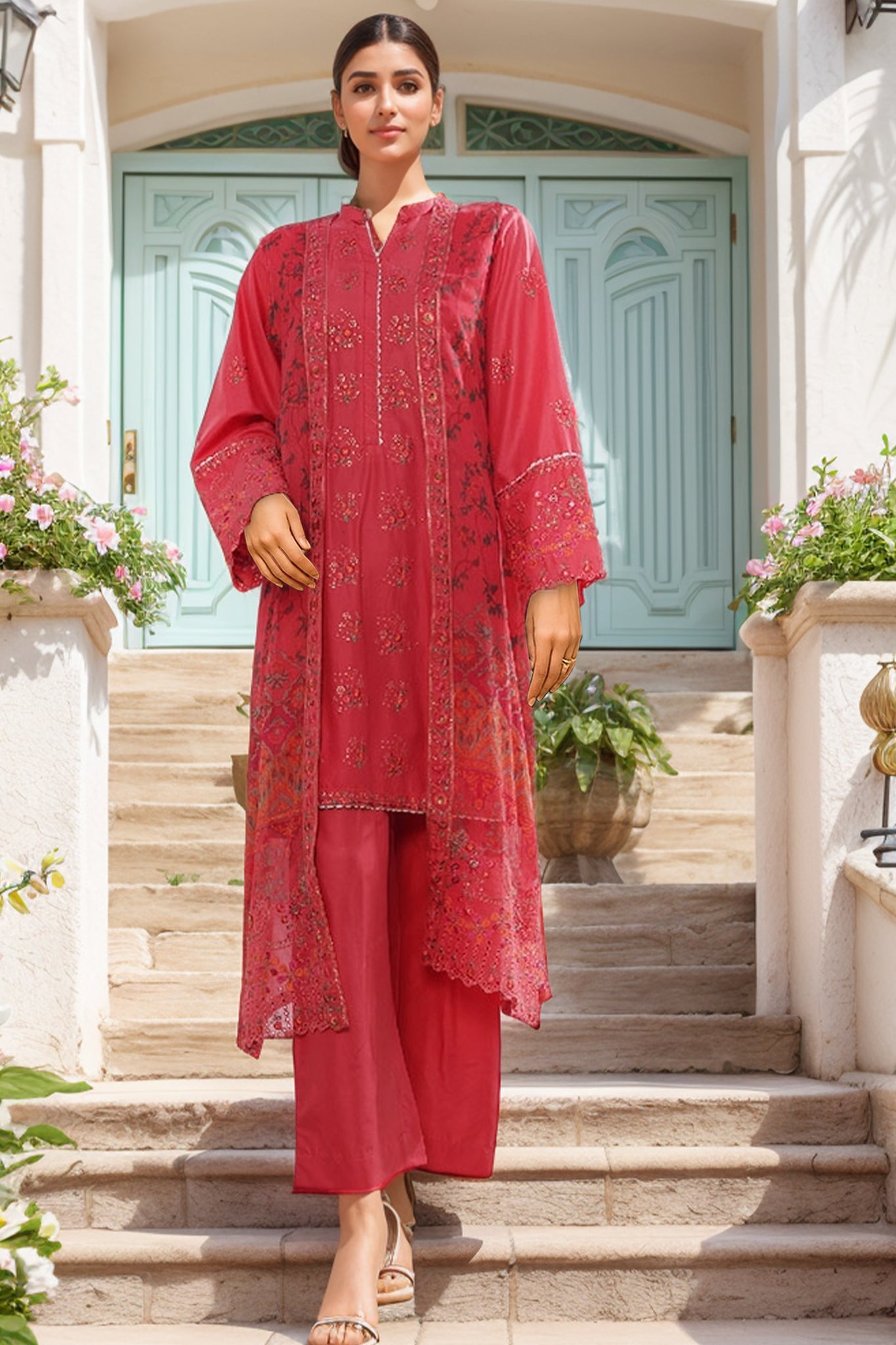 Eid Ka Jora By Bin Saeed Stitched 3 Piece Luxury Emb Chiffon Gown Collection-SMPC-2027-Red