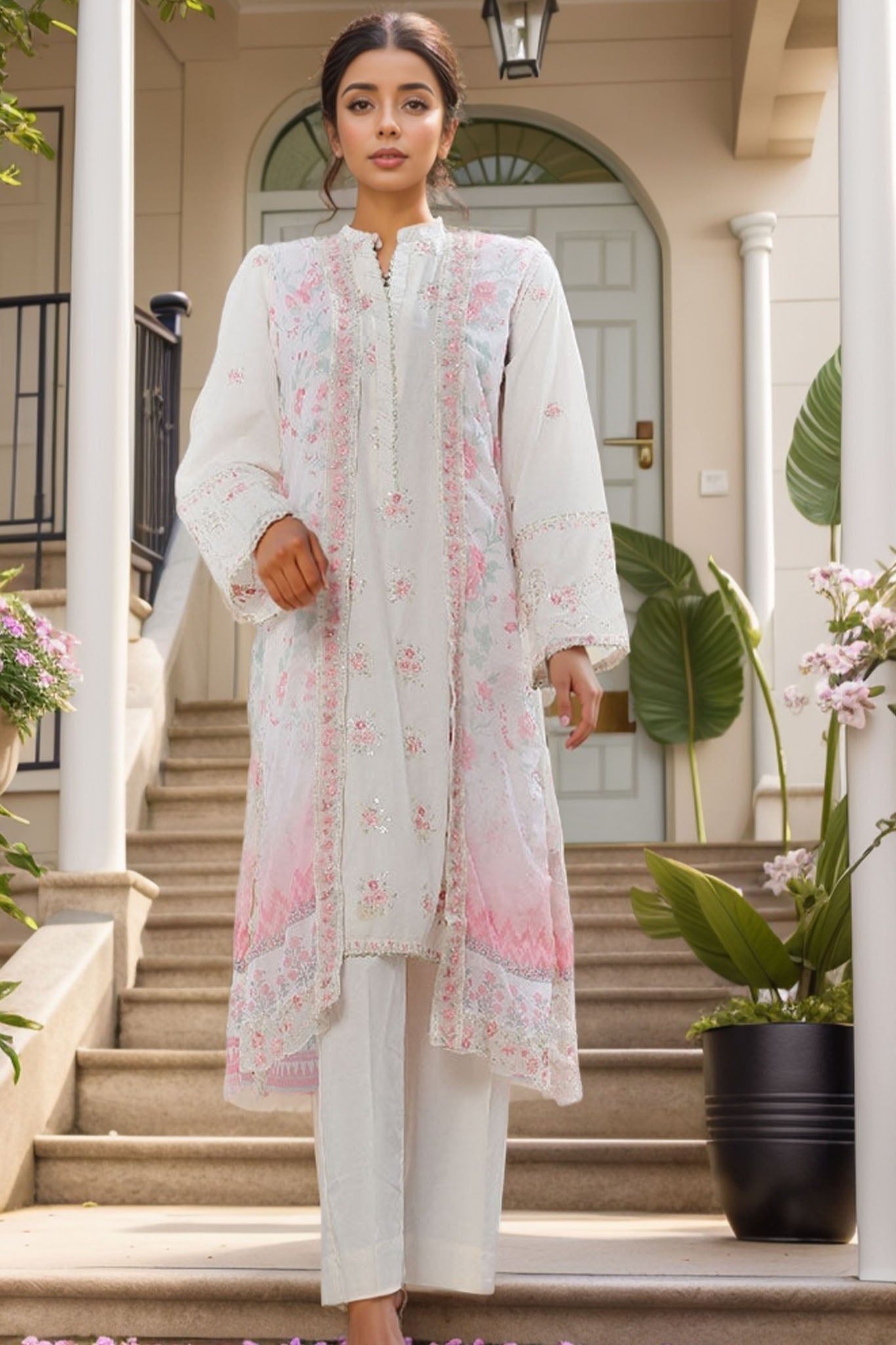 Eid Ka Jora By Bin Saeed Stitched 3 Piece Luxury Emb Chiffon Gown Collection-SMPC-2024-White