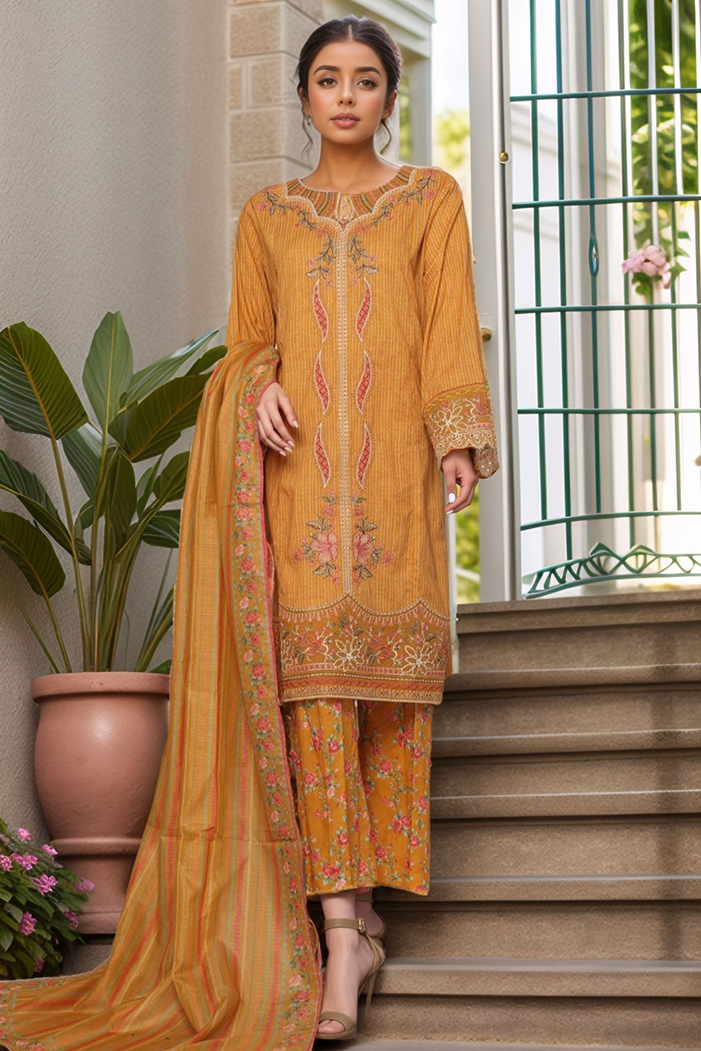Eid Ki Khushiyan by Bin Saeed Stitched 3 Piece Luxury Self & Stripe Collection'2025-SM-1855