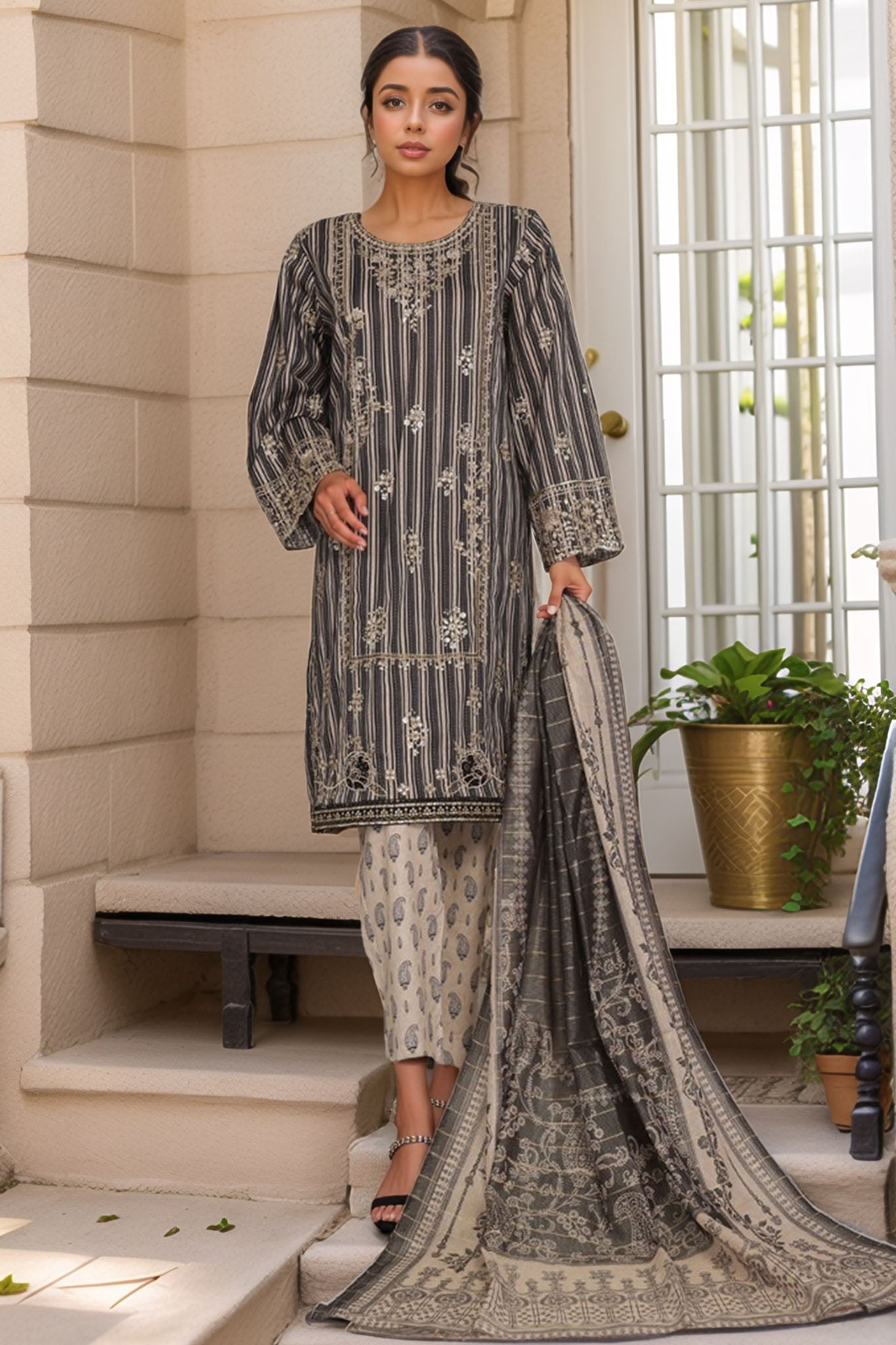 Eid Ki Khushiyan by Bin Saeed Stitched 3 Piece Luxury Self & Stripe Collection'2025-SM-1854