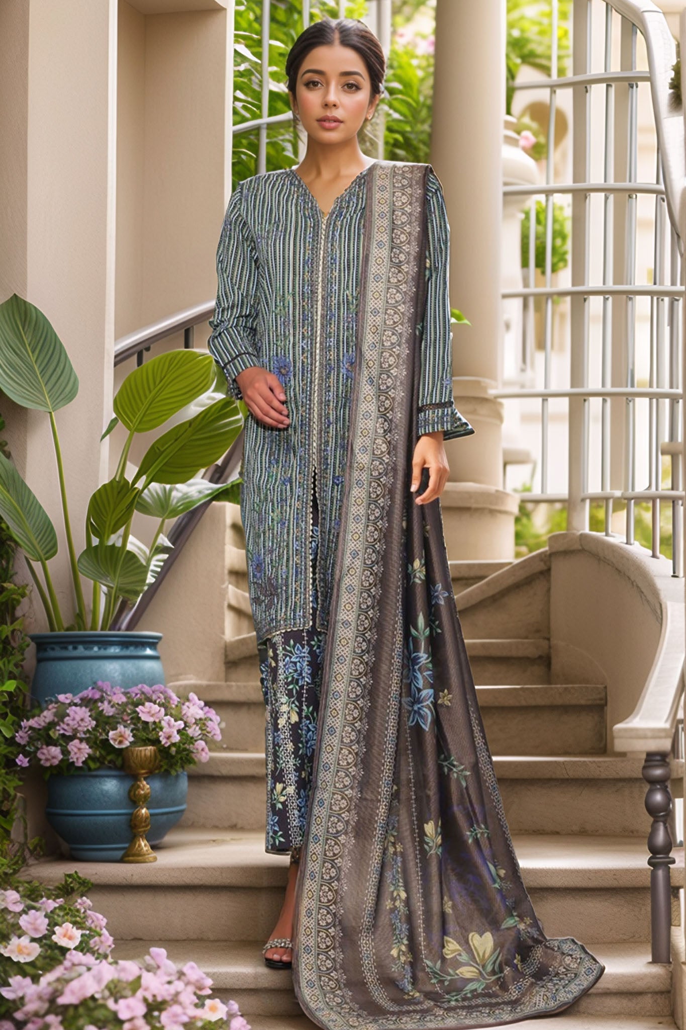 Eid Ki Khushiyan by Bin Saeed Stitched 3 Piece Luxury Self & Stripe Collection'2025-SM-1852