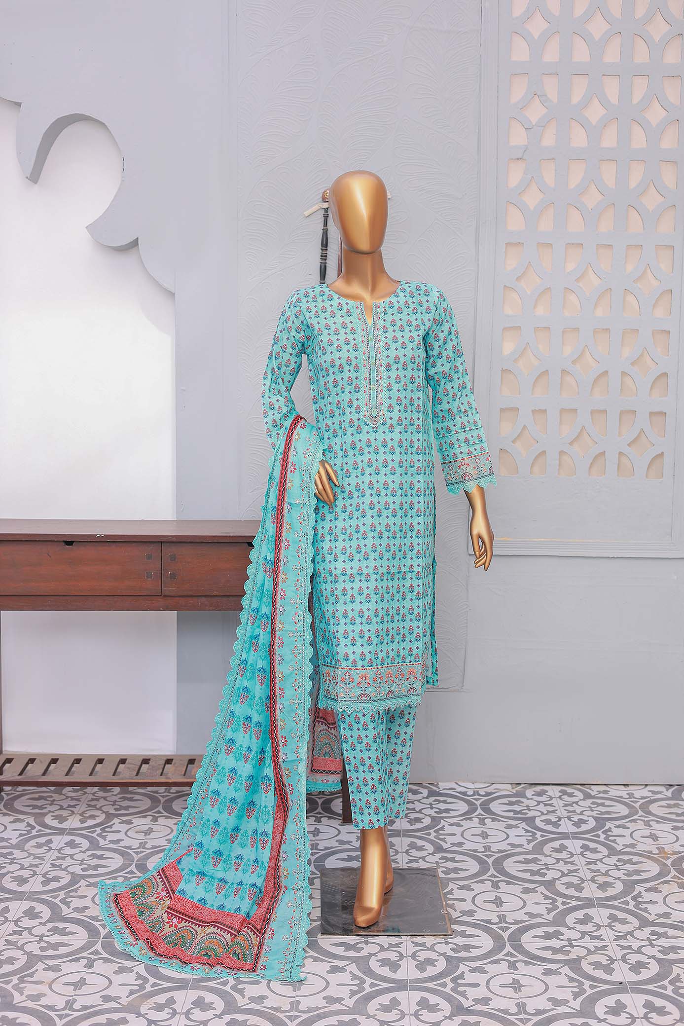 Oswah By Suntex Stitched 3 Piece Emb Soft Cotton Suit-OS-2530