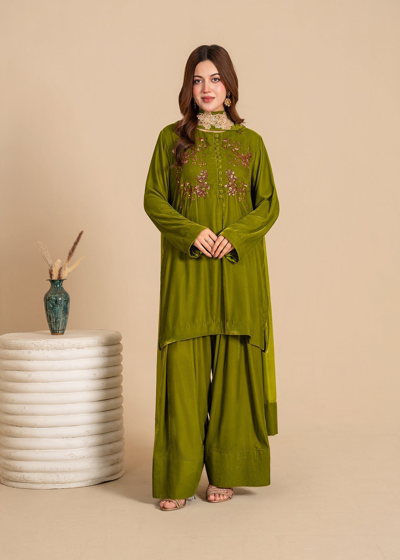 Luxe A Velvet Affair By Stitch Vibes Stitched Winter Suit-Evening Olive Dress
