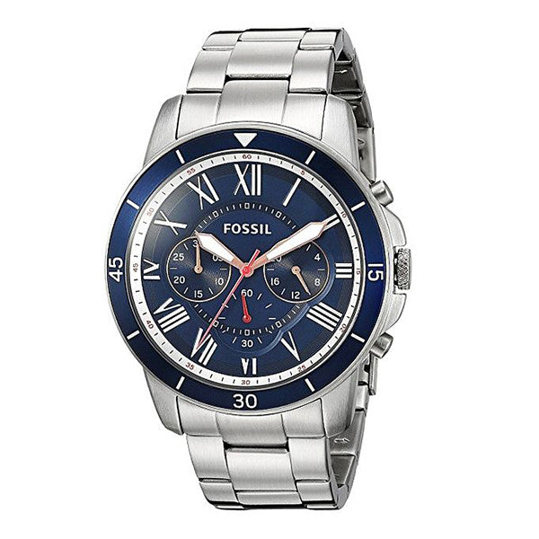 Fossil Grant Silver Stainless Steel Blue Dial Chronograph Quartz Watch for Gents - FS5336