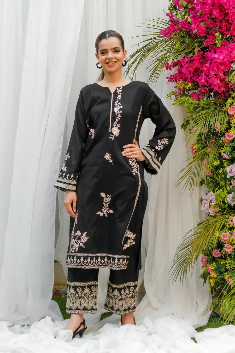 Dhaga Stitched 2 Piece Co Ords Summer Collection'2025-Black Embroidered