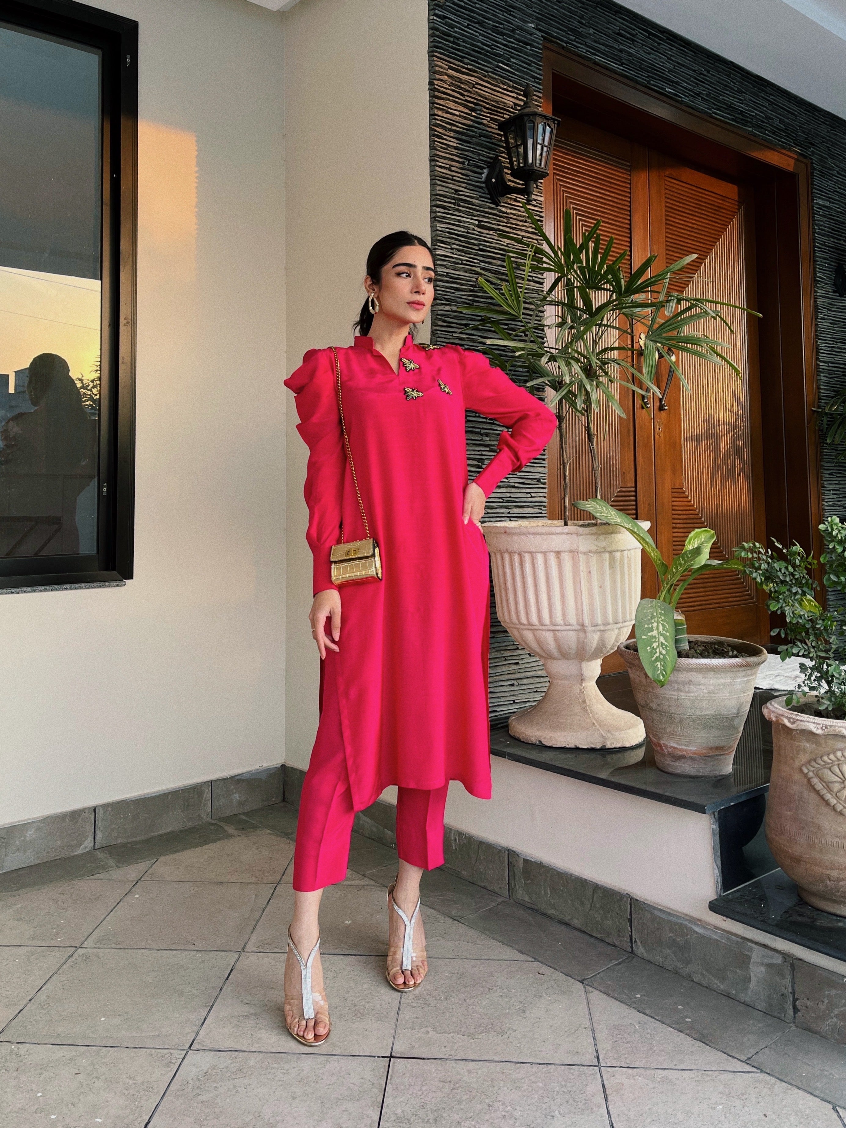 Manahils Stitched Pink Puffy Sleeves Raw Silk