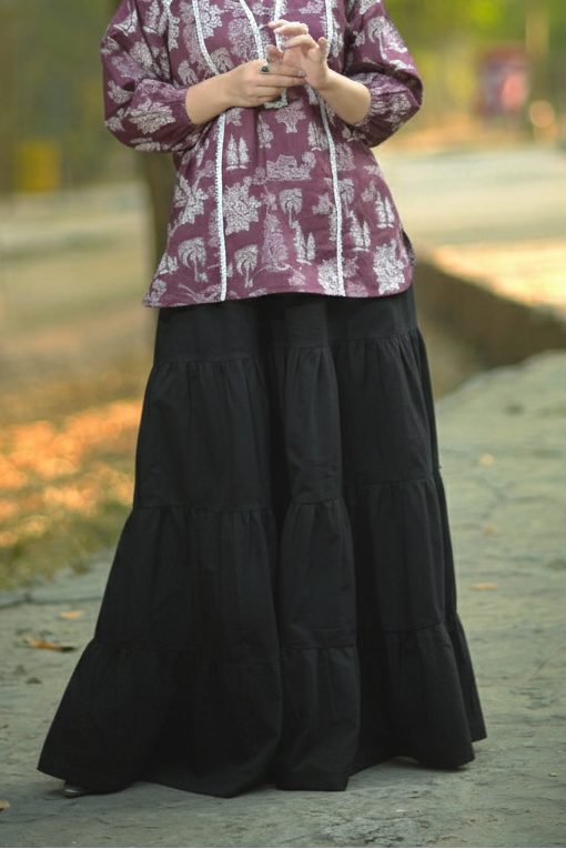 Urban Cut Black Cotton Maxi Skirt Elegant Tiered Long Skirt