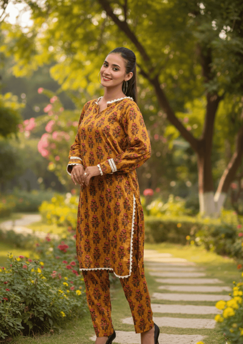 Silcot Stitched 2 Piece Summer Lawn Suit-Mustard Printed Bloom