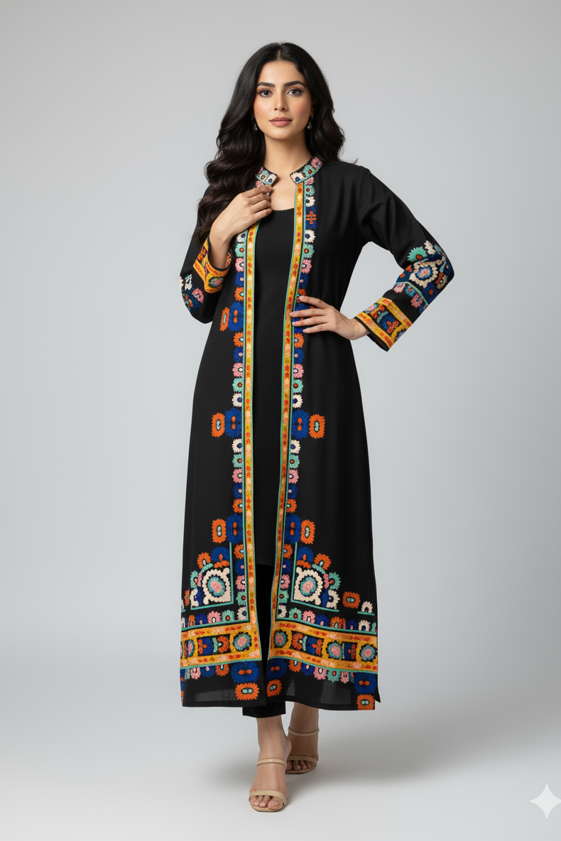 Brandlo PK Black Ethnic Print Long Shrug 2-Piece Set (YL 13)