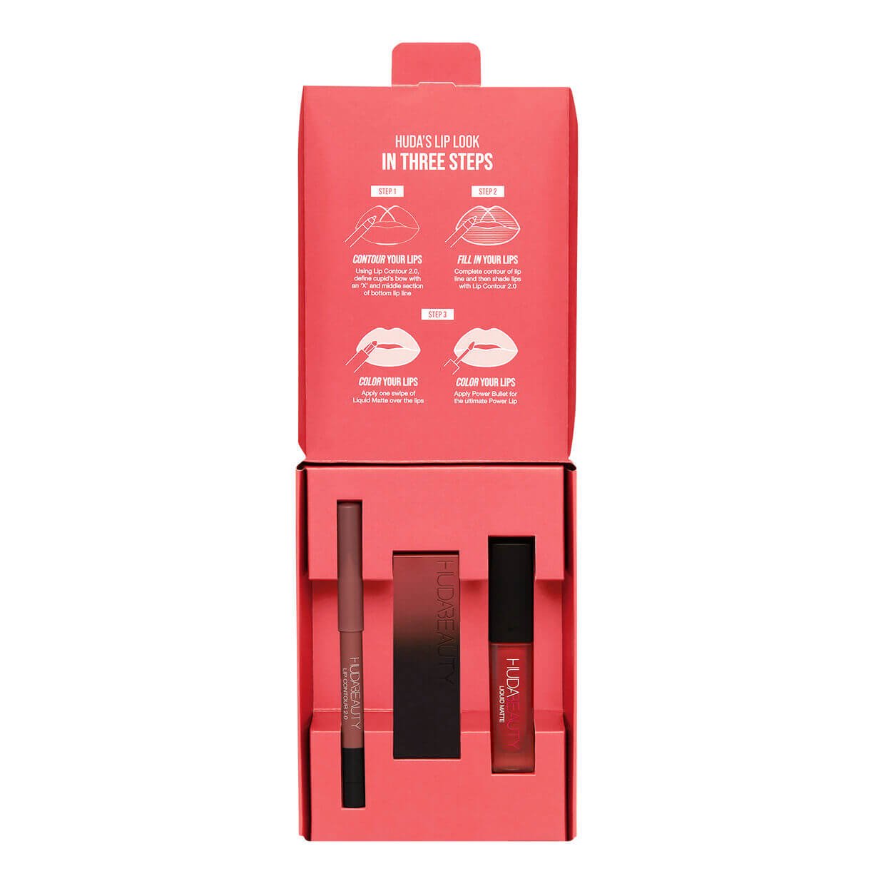 Huda Beauty Lip Trio Kit Rendez Vous Lipstick+Icon Liquid Lipstick+Rusty Pink Lip Contour