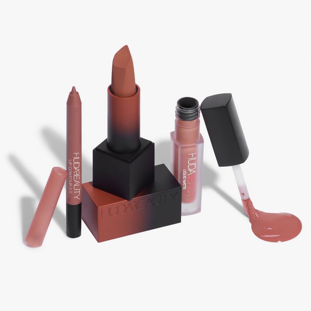 Huda Beauty Lip Trio Set Lip Contour Pink Brown+Matte Lipstick Interview+Liquid Lipstick Bombshell