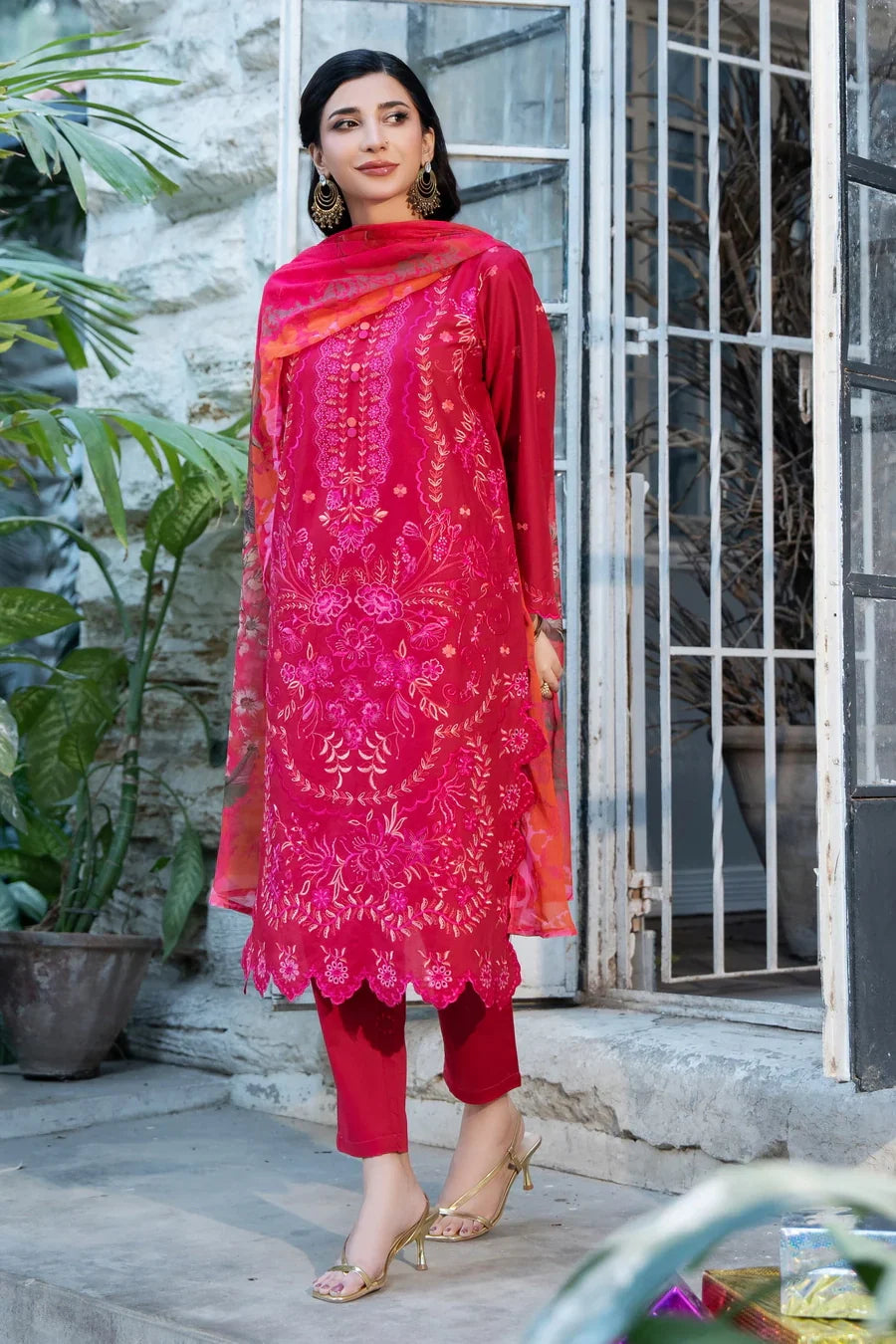 Dhaga Stitched 3 Piece Summer Suit-Carmine