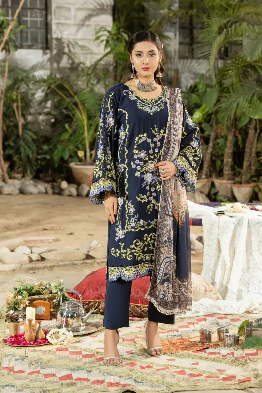 Dhaga Stitched 3 Piece Summer Suit-Royal azure