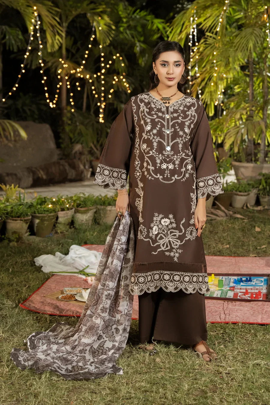 Dhaga Stitched 3 Piece Summer Suit-Mocha Elegence