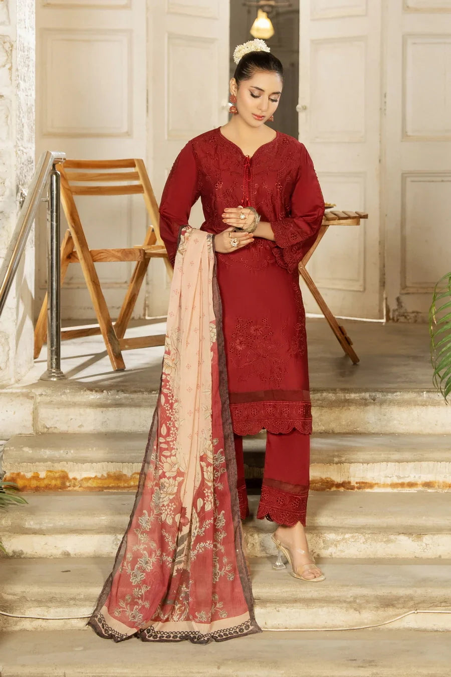 Dhaga Stitched 3 Piece Summer Suit-Ruby dusk