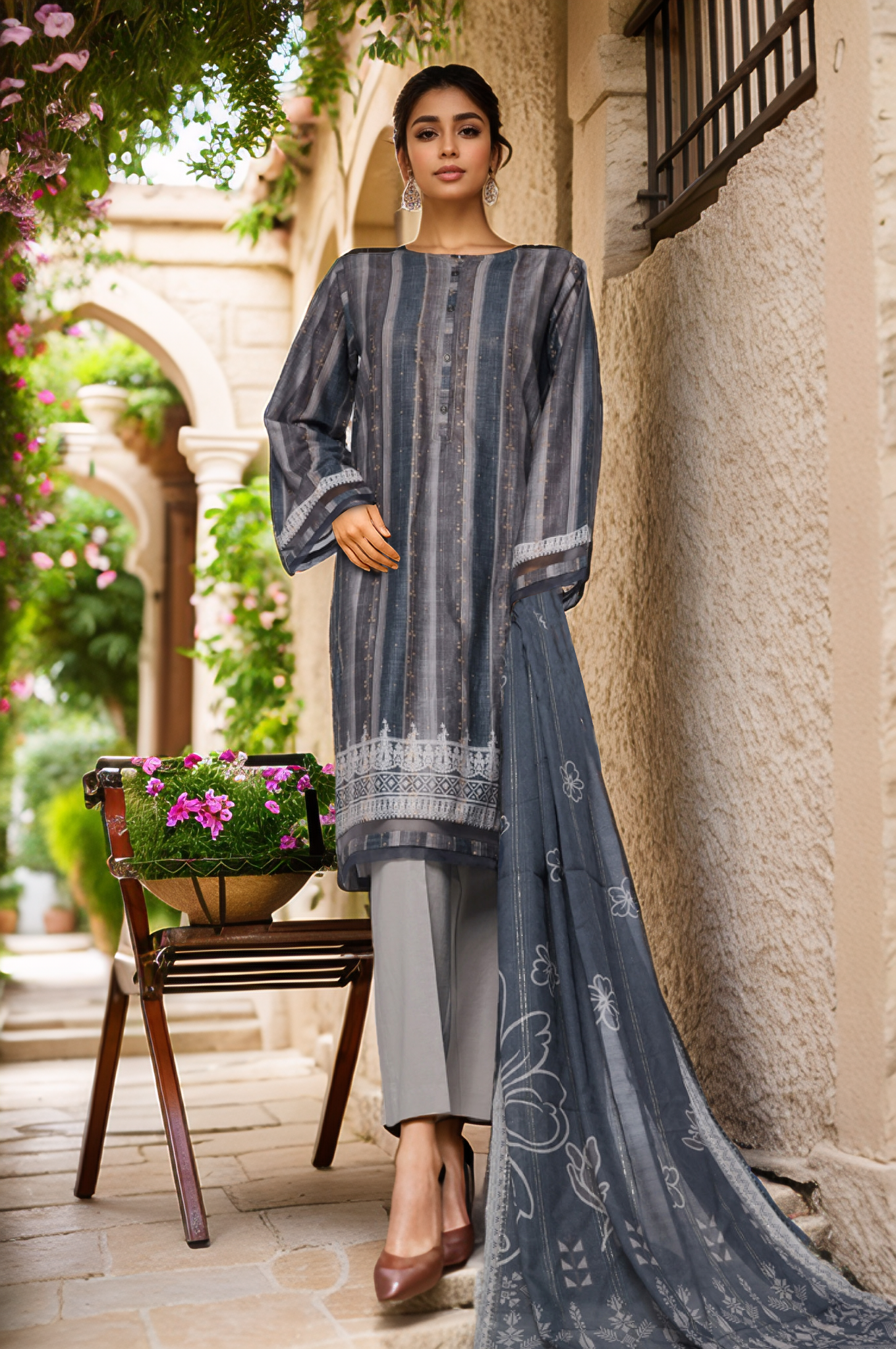 Damask By HZ Stitched 3 Piece Prints Jacquard Collection'2025-DPJ-038-Strip