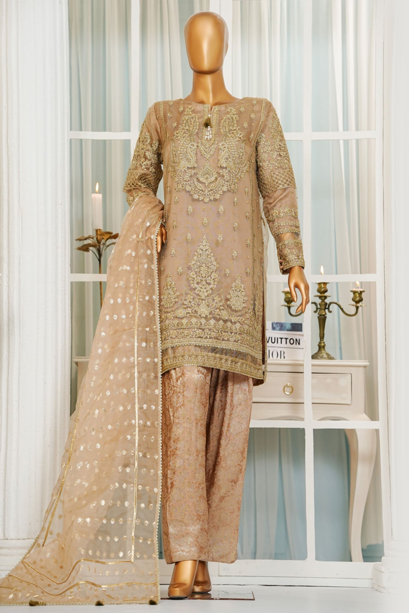 Jashn By HZ Stitched 3 Piece Luxury Formals Collection'2025-HZK-207-Golden