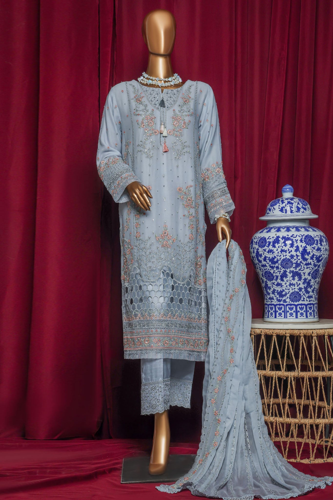 Fasaane By HZ Stitched 3 Piece Formals Chiffon Vol-09 Collection'2025-HZK-209-Pastel Blue