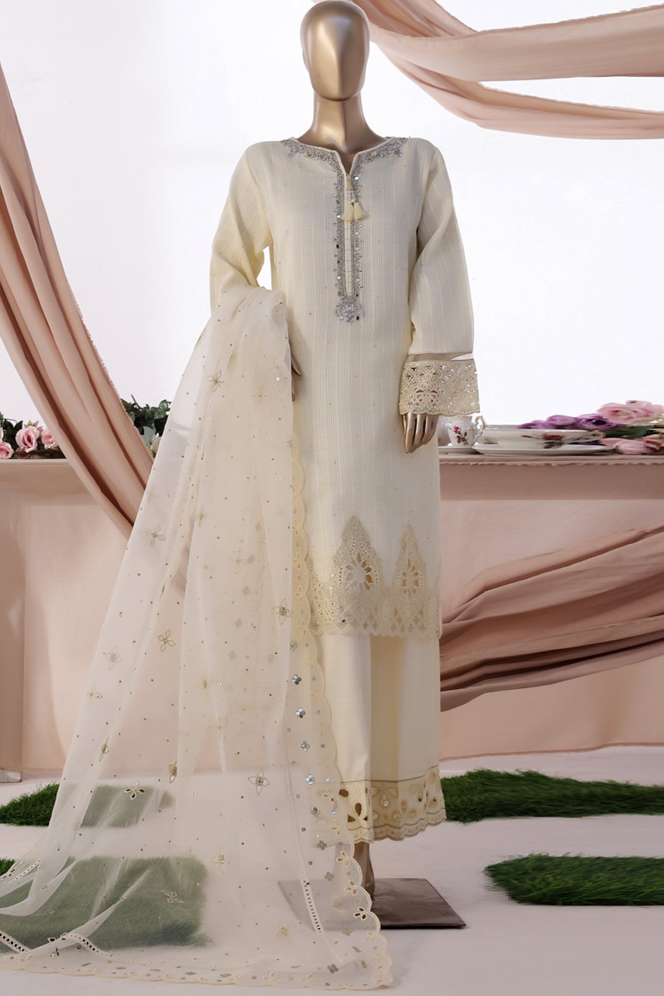 HZ Stitched 3 Piece Luxe Pret Formals Suit-HZK-221-Cream