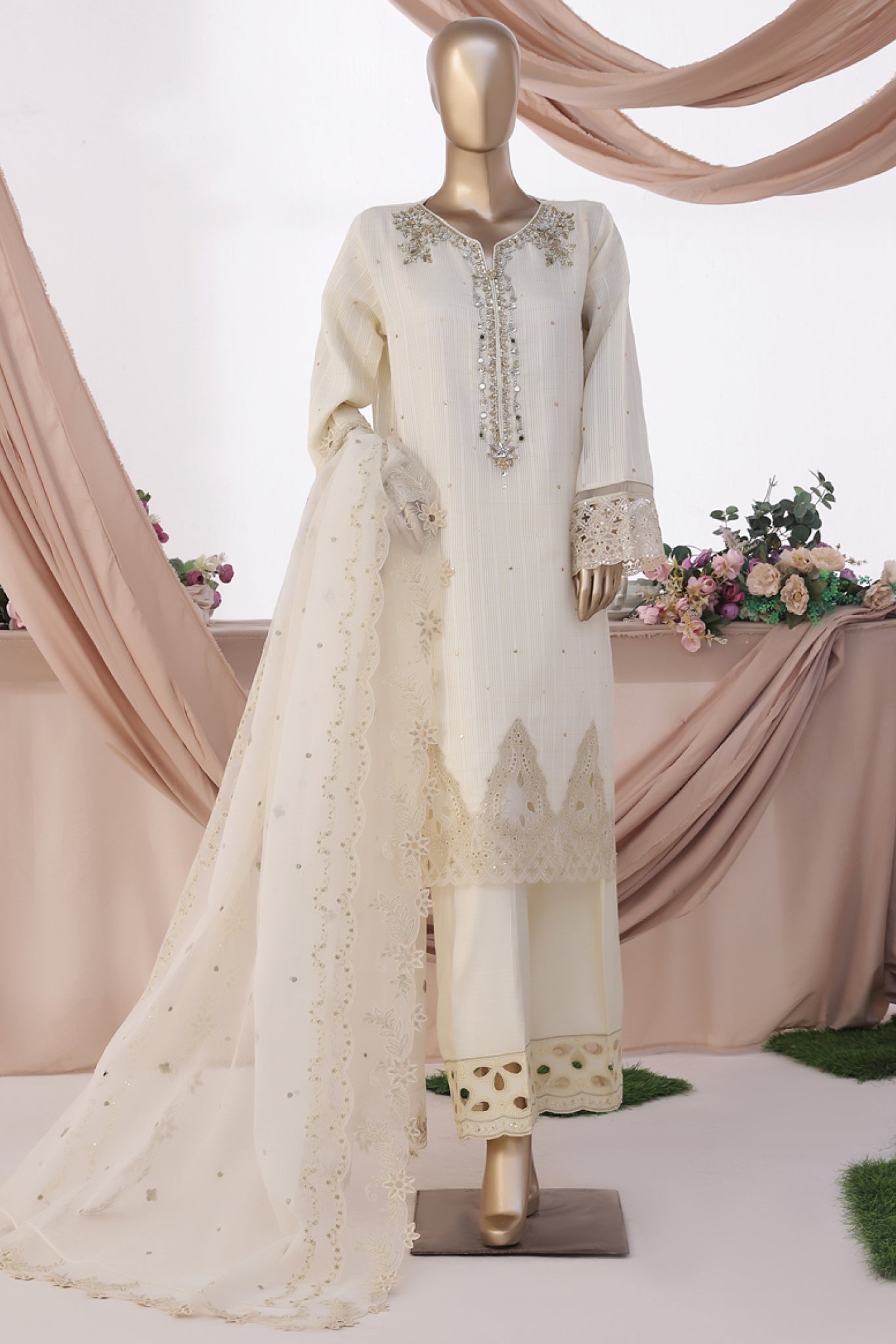 HZ Stitched 3 Piece Luxe Pret Formals Suit-HZK-223-Ivory