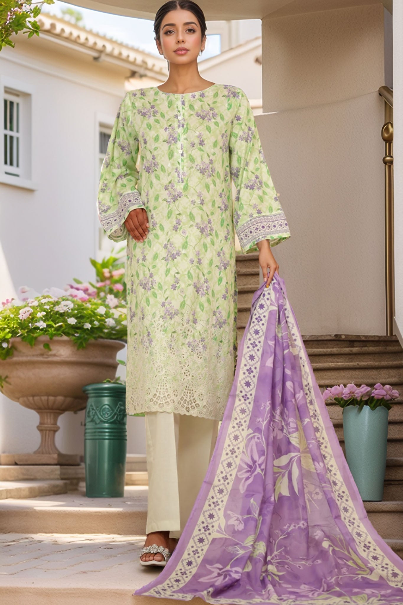 HZ Stitched 3 Piece Chikankari Cambric Suit-LPK-3P-524