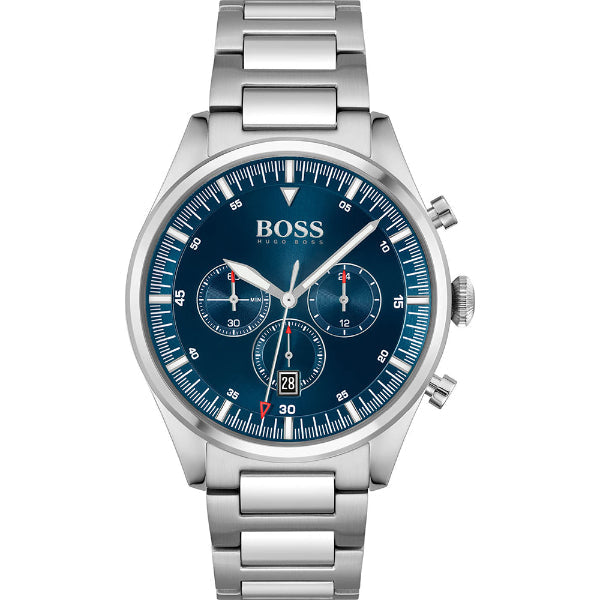 HUGO BOSS Pioneer Silver Stainless Steel Blue Dial Quartz Watch for Gents- HUGO BOSS 1513867
