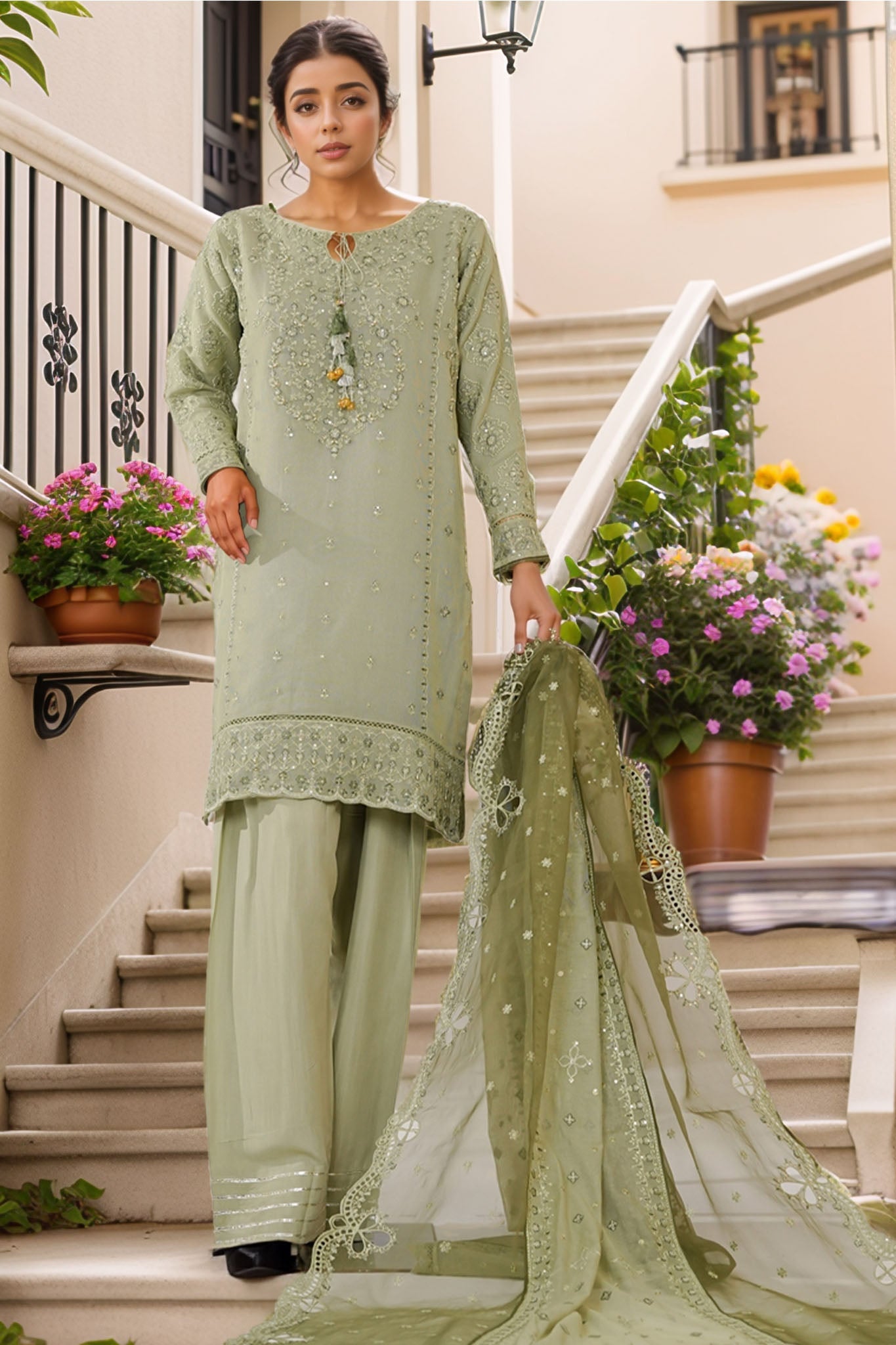 Sheer By HZ Stitched 3 Piece Emb Khaddi Net Formals Suit-HZK-225-Green