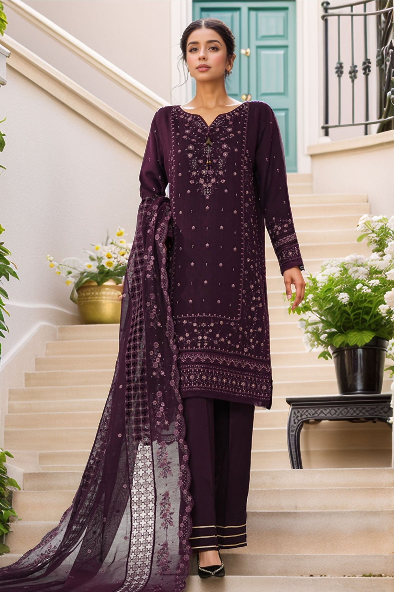 Sheer By HZ Stitched 3 Piece Emb Khaddi Net Formals Suit-HZK-224-Falsa