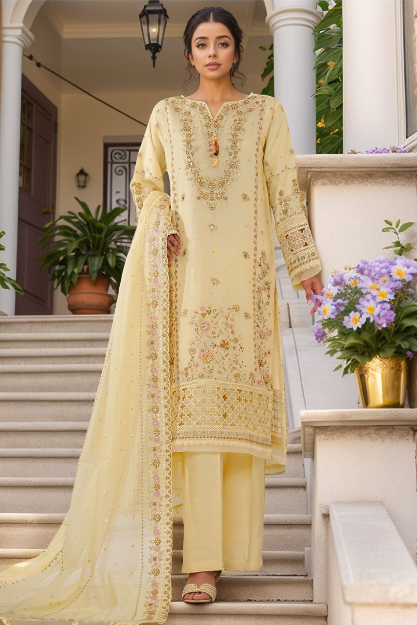 Sheer By HZ Stitched 3 Piece Emb Khaddi Net Formals Suit-HZK-226-Cream