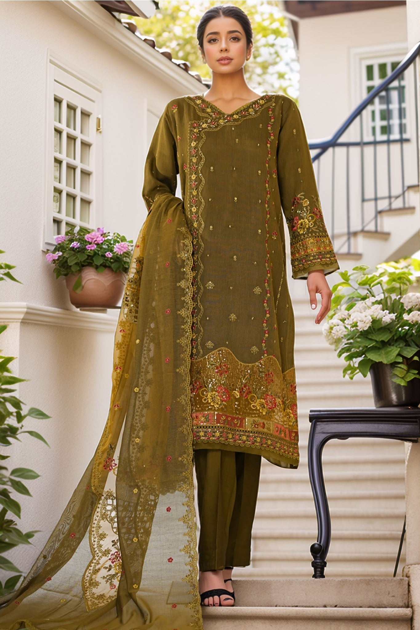 Sheer By HZ Stitched 3 Piece Emb Khaddi Net Formals Collection'2025-HZK-227-Mehndi