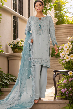 Sheer By HZ Stitched 3 Piece Emb Khaddi Net Formals Collection'2025-HZK-225-Sky Blue