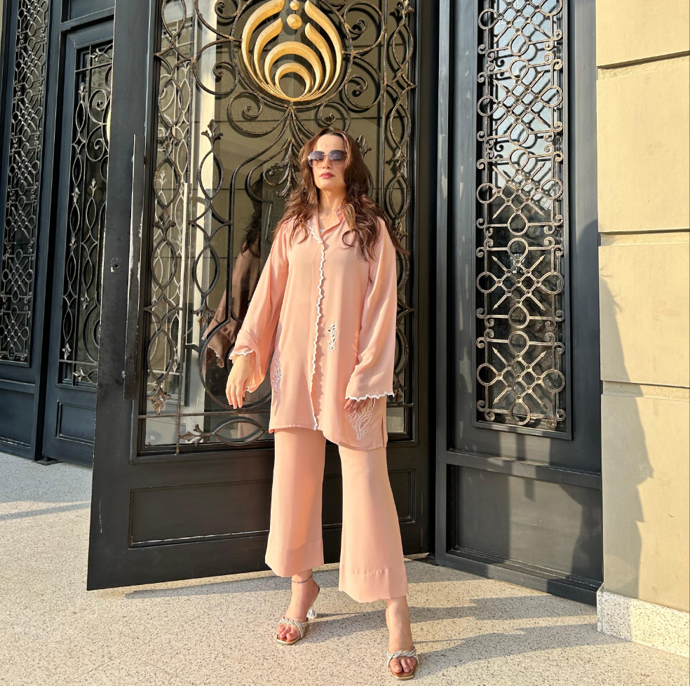 Manahils Stitched Peach Scallop Co-Ord Set