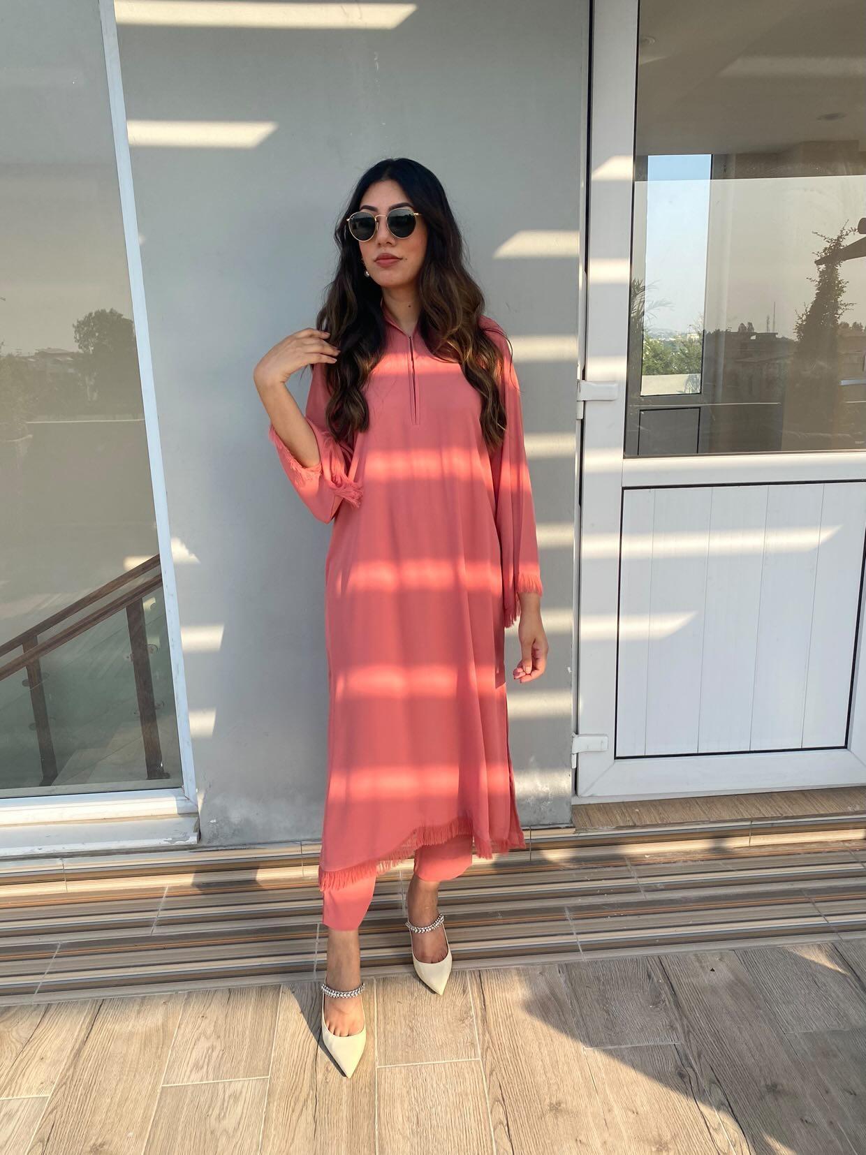 Manahils Stitched Threaded Love (Two Pc) Peach