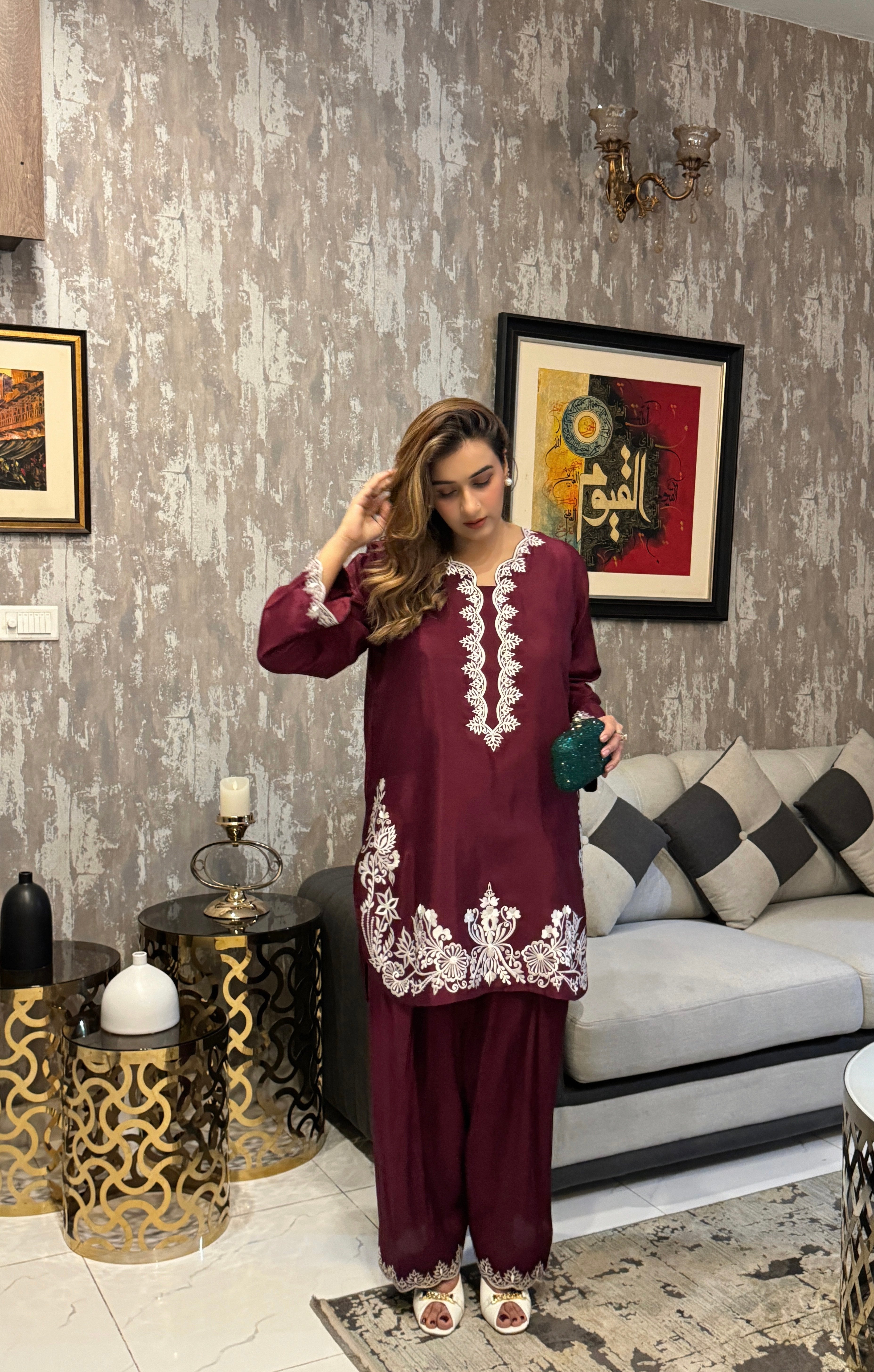 Manahils Stitched Burgundy Embroidery Farshi Shalwar Set