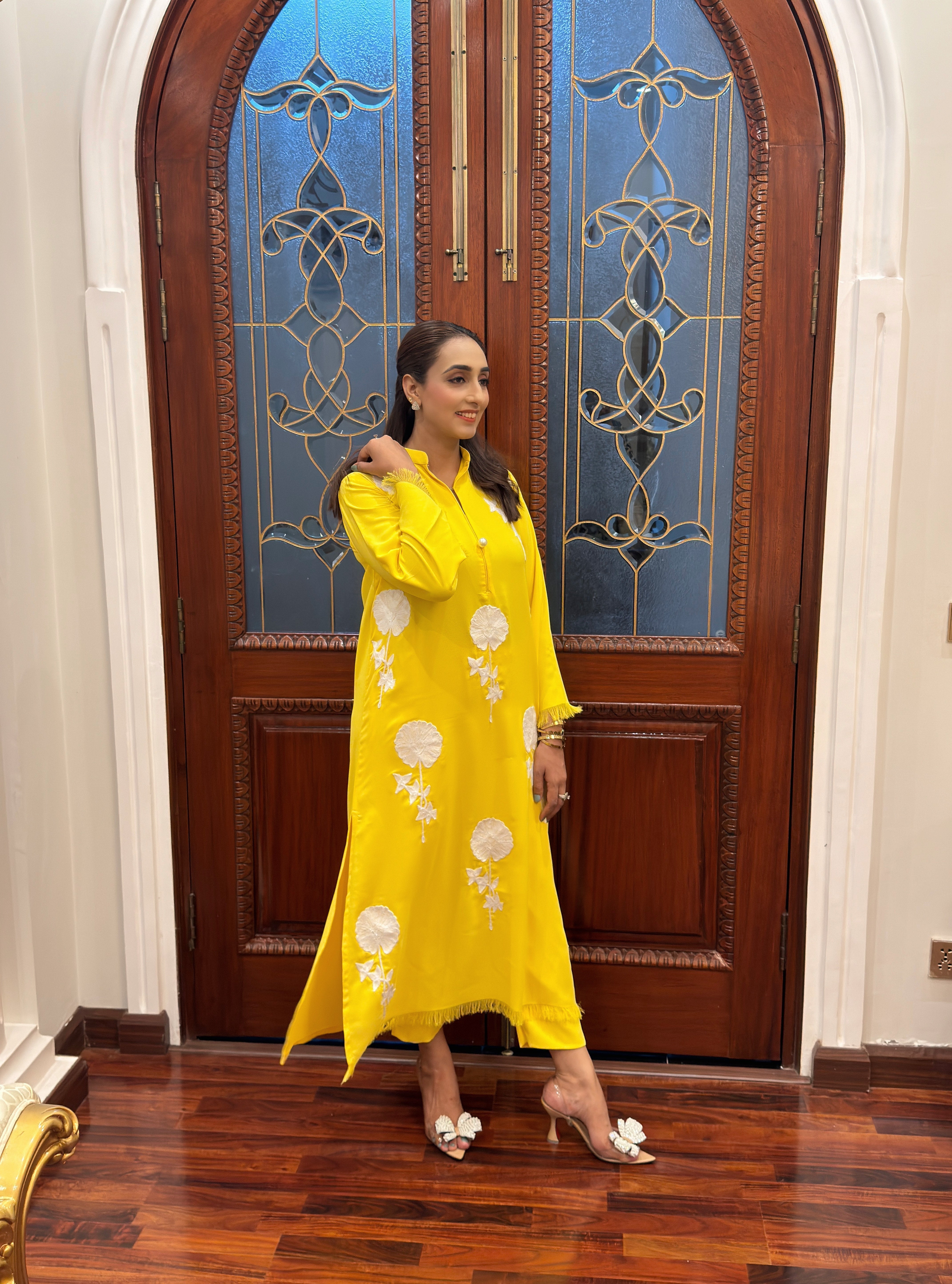 Manahils Stitched Co Ords Yellow Flower Embroidered Set (Pay-Now)