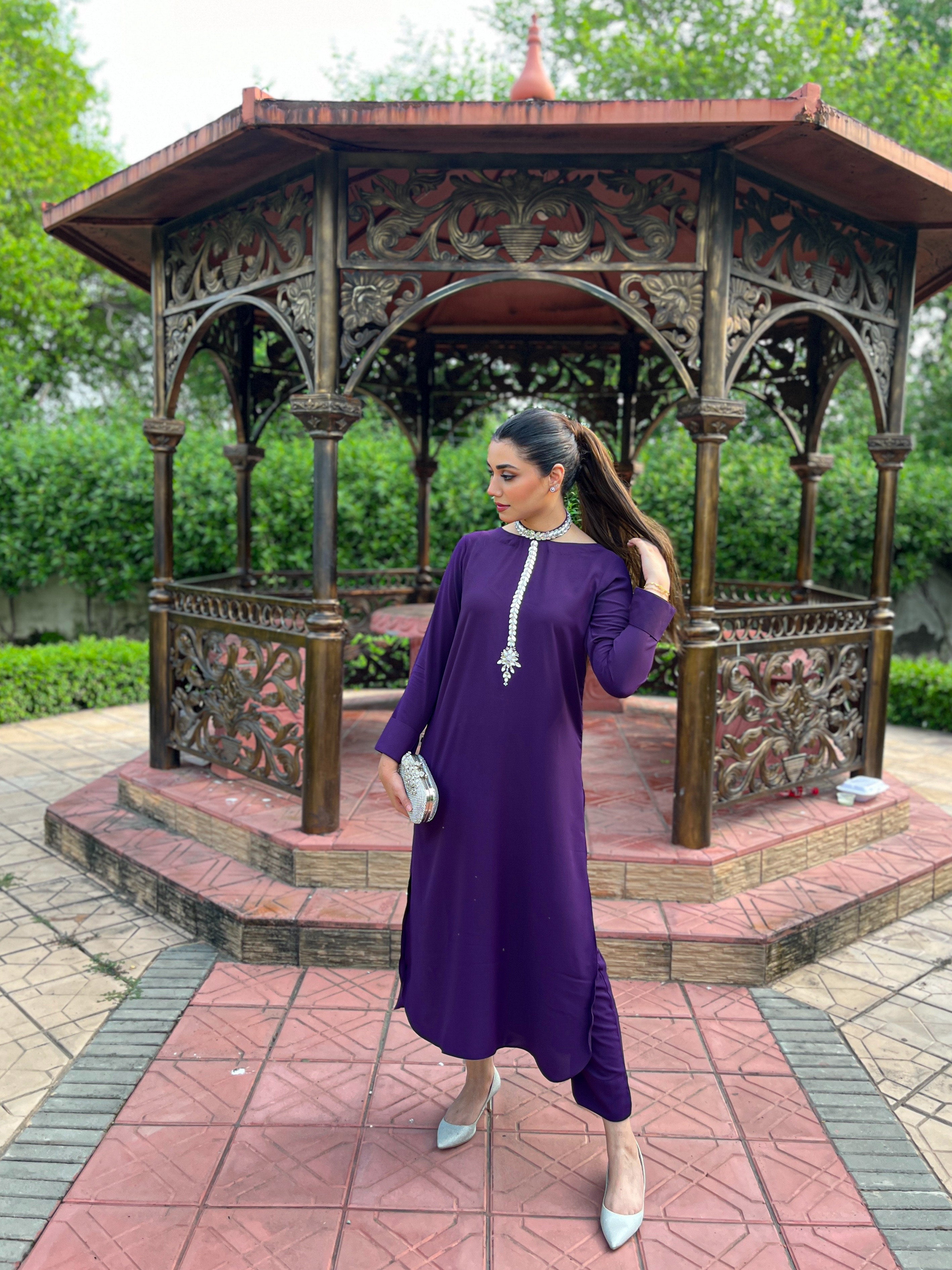 Manahils Stitched Purple Embellished Stone