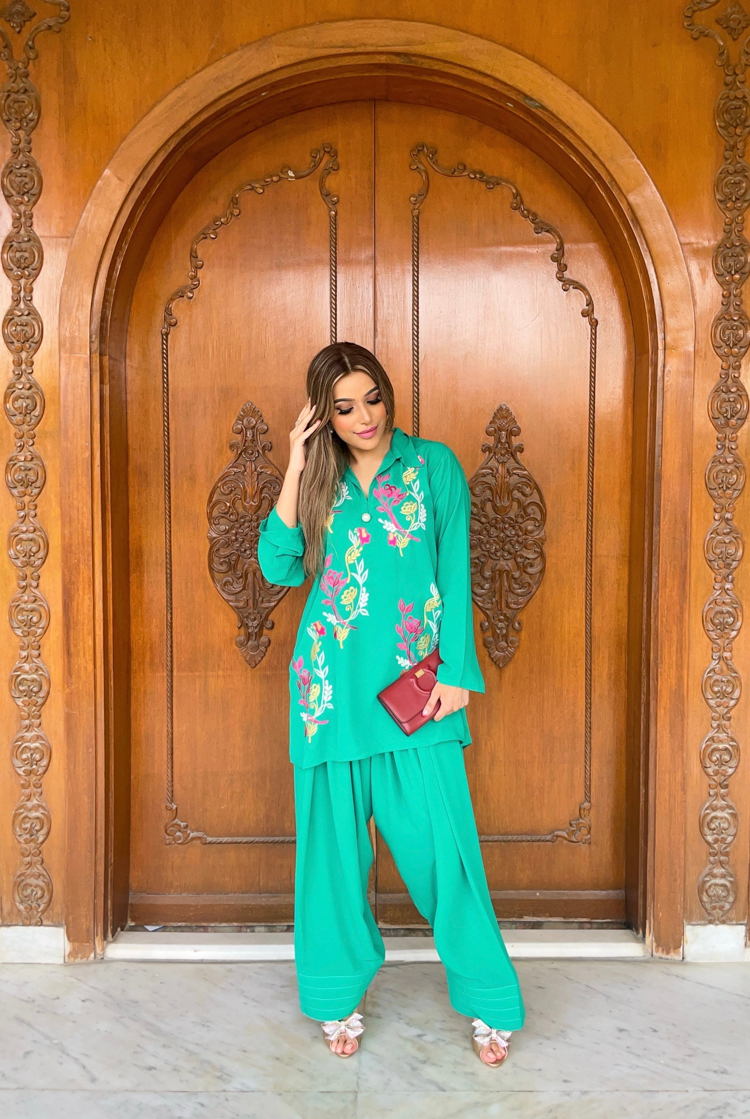 Manahils Stitched Green Aura Embroidered Two Pc