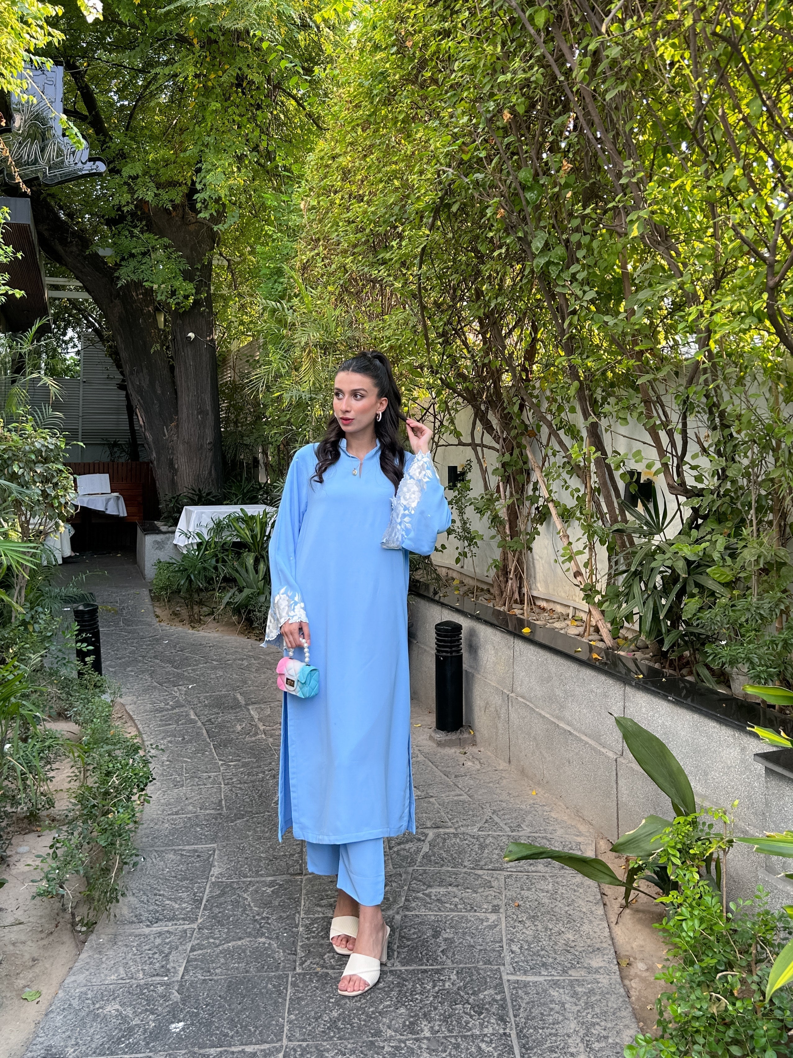 Manahils Stitched Ice Blue Embroidered Sleeves