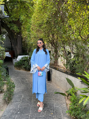 Manahils Stitched Ice Blue Embroidered Sleeves