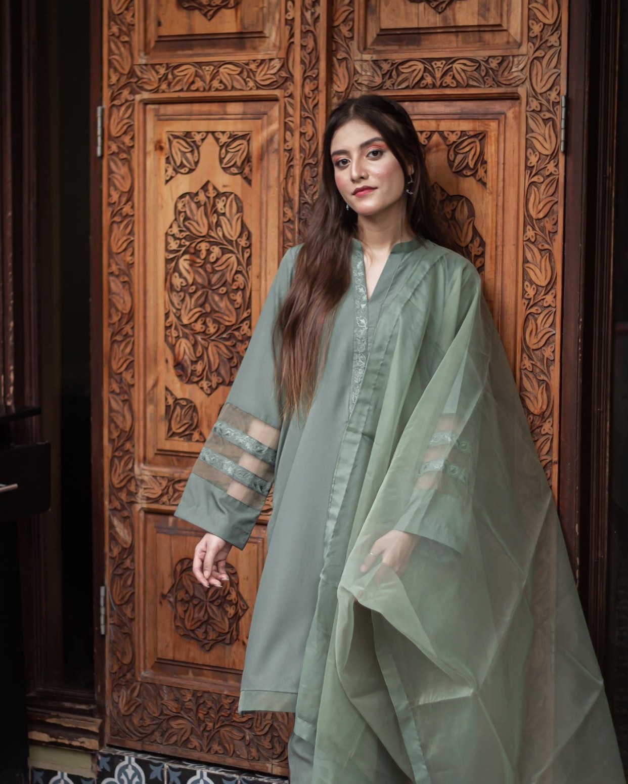 Zauk Stitched 3 Piece Collection-Olive Green Three Piece Dress