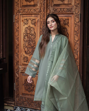 Zauk Stitched 3 Piece Collection-Olive Green Three Piece Dress