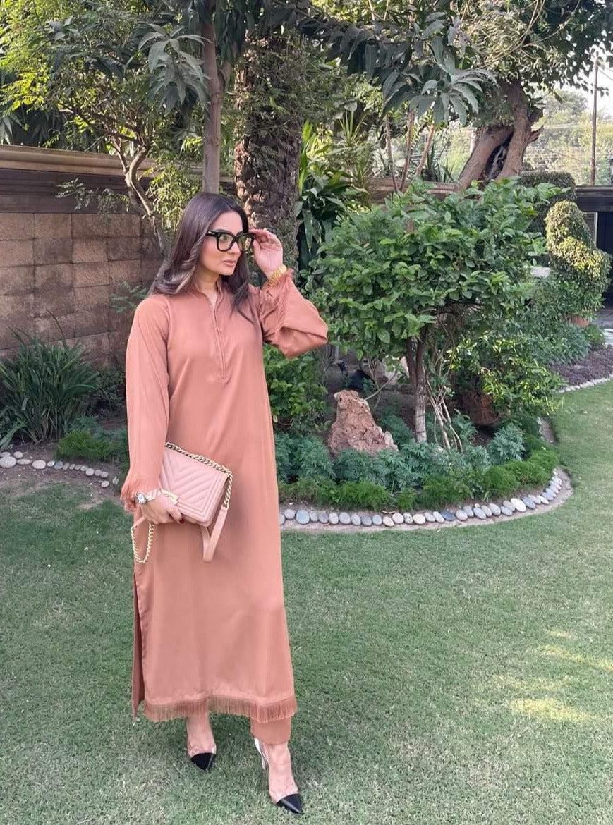 Manahils Stitched Threaded Love (Two Pc) Camel Brown