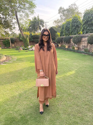 Manahils Stitched Threaded Love (Two Pc) Camel Brown